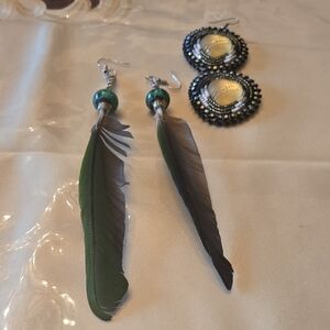 2 Sets Elegant Feather and Beaded Plus Leathered Backed Heart Beaded Earrings